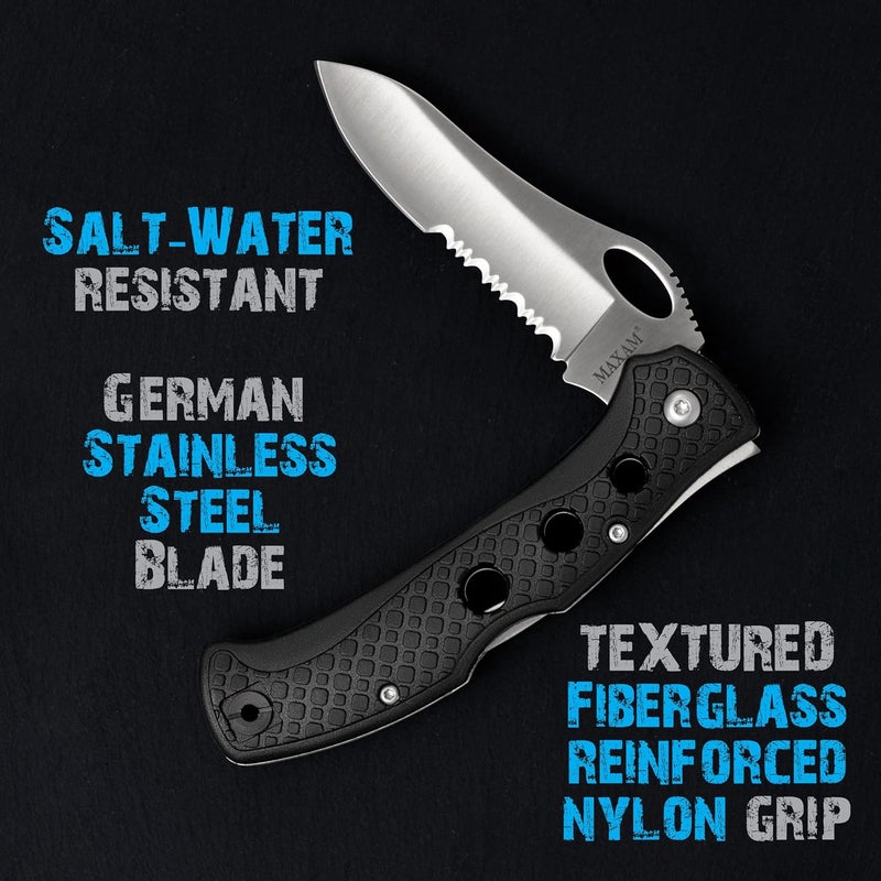 Maxam 5" Saltwater Knife - Rust-Proof German Stainless Steel Serrated Blade with Black Handle, Reversible Pocket Clip, Lanyard Hole - Ideal for Salt & Fresh Water, Fishing Outdoor Use - Image 4